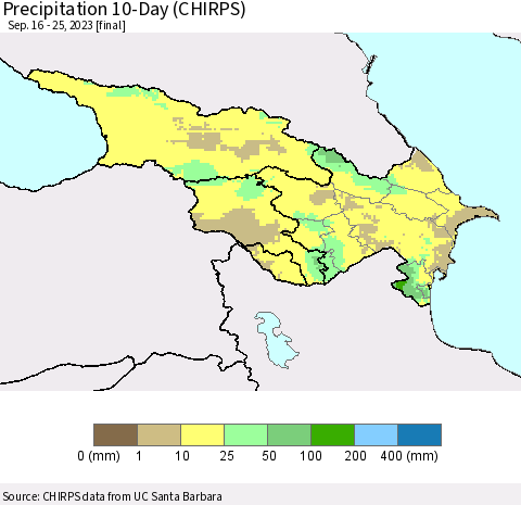 Azerbaijan, Armenia and Georgia Precipitation 10-Day (CHIRPS) Thematic Map For 9/16/2023 - 9/25/2023