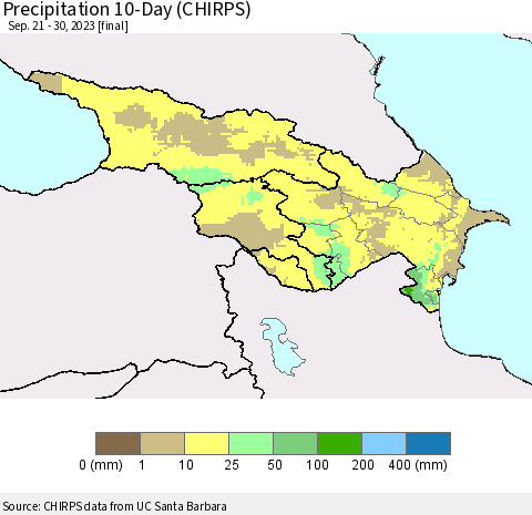 Azerbaijan, Armenia and Georgia Precipitation 10-Day (CHIRPS) Thematic Map For 9/21/2023 - 9/30/2023