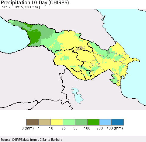 Azerbaijan, Armenia and Georgia Precipitation 10-Day (CHIRPS) Thematic Map For 9/26/2023 - 10/5/2023