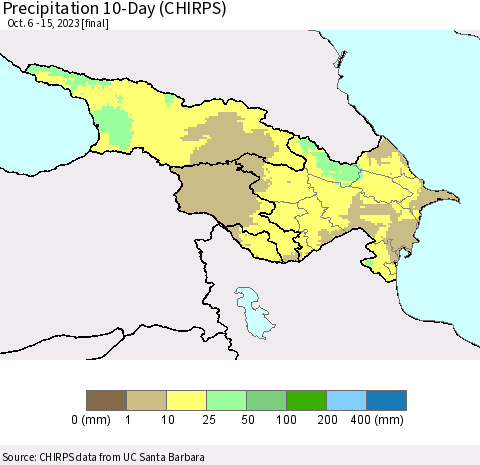 Azerbaijan, Armenia and Georgia Precipitation 10-Day (CHIRPS) Thematic Map For 10/6/2023 - 10/15/2023