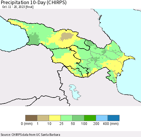Azerbaijan, Armenia and Georgia Precipitation 10-Day (CHIRPS) Thematic Map For 10/11/2023 - 10/20/2023