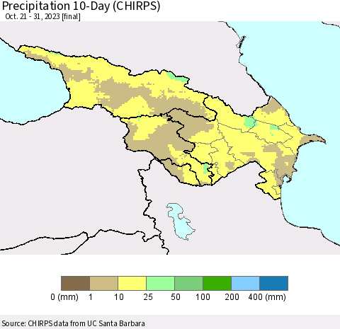 Azerbaijan, Armenia and Georgia Precipitation 10-Day (CHIRPS) Thematic Map For 10/21/2023 - 10/31/2023