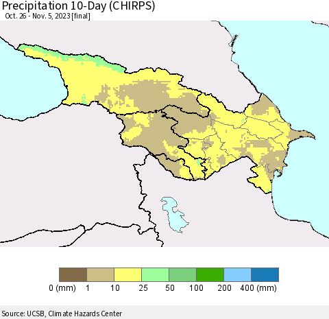 Azerbaijan, Armenia and Georgia Precipitation 10-Day (CHIRPS) Thematic Map For 10/26/2023 - 11/5/2023