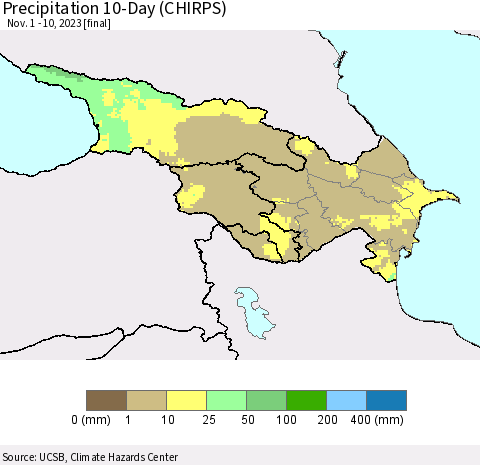 Azerbaijan, Armenia and Georgia Precipitation 10-Day (CHIRPS) Thematic Map For 11/1/2023 - 11/10/2023