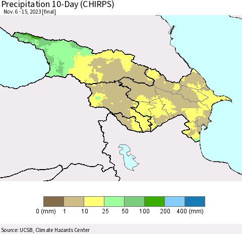 Azerbaijan, Armenia and Georgia Precipitation 10-Day (CHIRPS) Thematic Map For 11/6/2023 - 11/15/2023