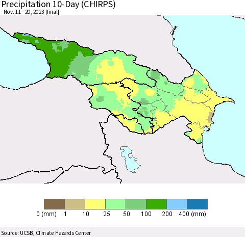 Azerbaijan, Armenia and Georgia Precipitation 10-Day (CHIRPS) Thematic Map For 11/11/2023 - 11/20/2023