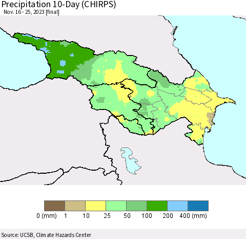 Azerbaijan, Armenia and Georgia Precipitation 10-Day (CHIRPS) Thematic Map For 11/16/2023 - 11/25/2023