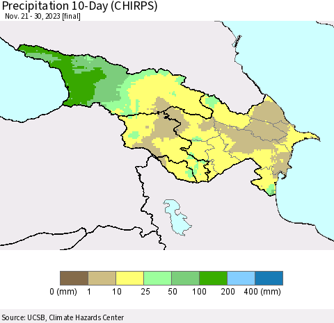 Azerbaijan, Armenia and Georgia Precipitation 10-Day (CHIRPS) Thematic Map For 11/21/2023 - 11/30/2023