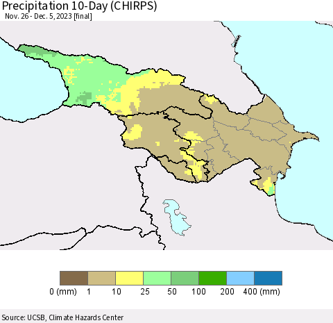 Azerbaijan, Armenia and Georgia Precipitation 10-Day (CHIRPS) Thematic Map For 11/26/2023 - 12/5/2023