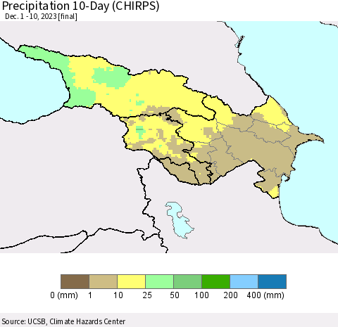 Azerbaijan, Armenia and Georgia Precipitation 10-Day (CHIRPS) Thematic Map For 12/1/2023 - 12/10/2023