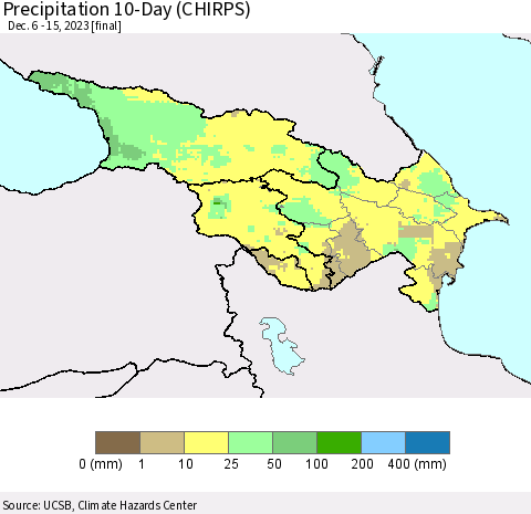 Azerbaijan, Armenia and Georgia Precipitation 10-Day (CHIRPS) Thematic Map For 12/6/2023 - 12/15/2023
