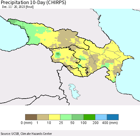 Azerbaijan, Armenia and Georgia Precipitation 10-Day (CHIRPS) Thematic Map For 12/11/2023 - 12/20/2023
