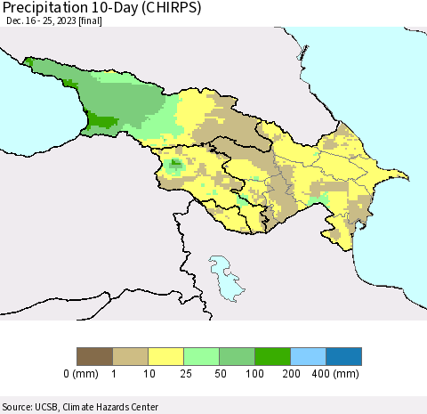 Azerbaijan, Armenia and Georgia Precipitation 10-Day (CHIRPS) Thematic Map For 12/16/2023 - 12/25/2023