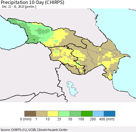 Azerbaijan, Armenia and Georgia Precipitation 10-Day (CHIRPS) Thematic Map For 12/21/2023 - 12/31/2023