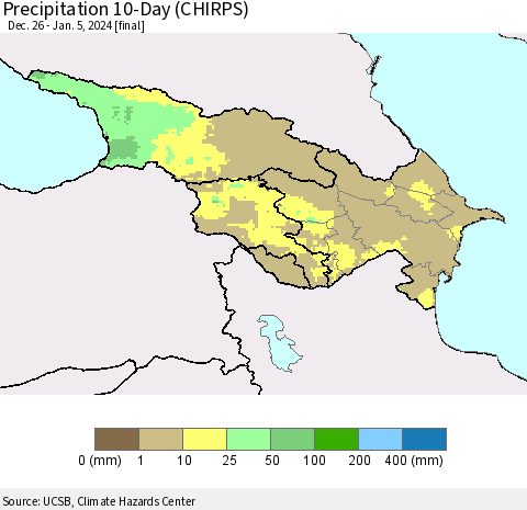 Azerbaijan, Armenia and Georgia Precipitation 10-Day (CHIRPS) Thematic Map For 12/26/2023 - 1/5/2024