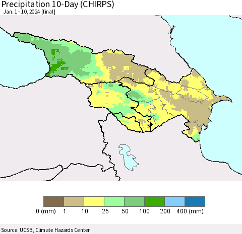 Azerbaijan, Armenia and Georgia Precipitation 10-Day (CHIRPS) Thematic Map For 1/1/2024 - 1/10/2024