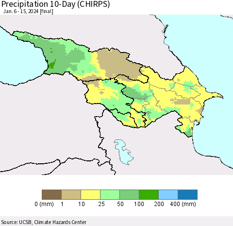 Azerbaijan, Armenia and Georgia Precipitation 10-Day (CHIRPS) Thematic Map For 1/6/2024 - 1/15/2024