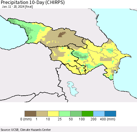 Azerbaijan, Armenia and Georgia Precipitation 10-Day (CHIRPS) Thematic Map For 1/11/2024 - 1/20/2024