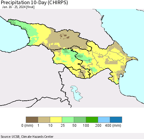 Azerbaijan, Armenia and Georgia Precipitation 10-Day (CHIRPS) Thematic Map For 1/16/2024 - 1/25/2024
