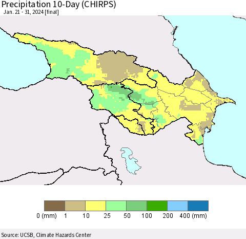 Azerbaijan, Armenia and Georgia Precipitation 10-Day (CHIRPS) Thematic Map For 1/21/2024 - 1/31/2024