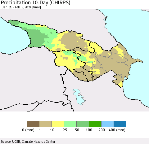 Azerbaijan, Armenia and Georgia Precipitation 10-Day (CHIRPS) Thematic Map For 1/26/2024 - 2/5/2024