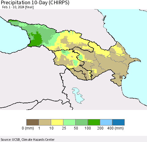 Azerbaijan, Armenia and Georgia Precipitation 10-Day (CHIRPS) Thematic Map For 2/1/2024 - 2/10/2024