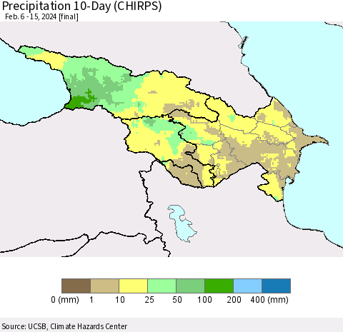 Azerbaijan, Armenia and Georgia Precipitation 10-Day (CHIRPS) Thematic Map For 2/6/2024 - 2/15/2024