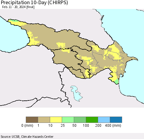 Azerbaijan, Armenia and Georgia Precipitation 10-Day (CHIRPS) Thematic Map For 2/11/2024 - 2/20/2024