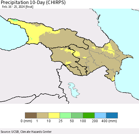 Azerbaijan, Armenia and Georgia Precipitation 10-Day (CHIRPS) Thematic Map For 2/16/2024 - 2/25/2024