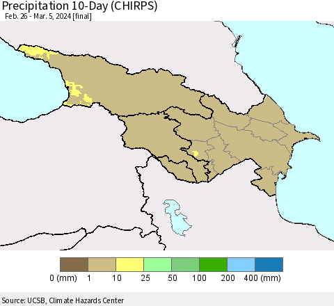 Azerbaijan, Armenia and Georgia Precipitation 10-Day (CHIRPS) Thematic Map For 2/26/2024 - 3/5/2024