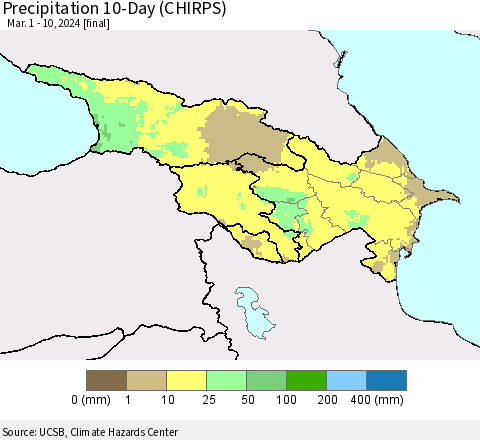 Azerbaijan, Armenia and Georgia Precipitation 10-Day (CHIRPS) Thematic Map For 3/1/2024 - 3/10/2024