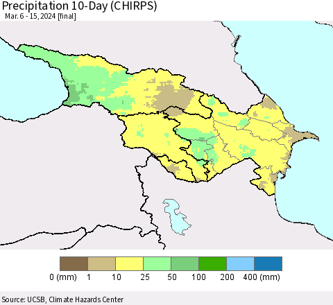 Azerbaijan, Armenia and Georgia Precipitation 10-Day (CHIRPS) Thematic Map For 3/6/2024 - 3/15/2024