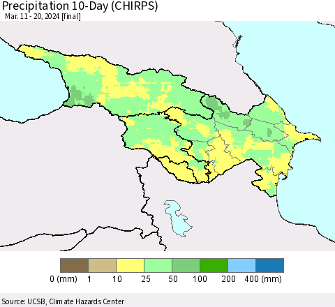 Azerbaijan, Armenia and Georgia Precipitation 10-Day (CHIRPS) Thematic Map For 3/11/2024 - 3/20/2024