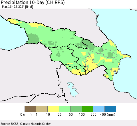 Azerbaijan, Armenia and Georgia Precipitation 10-Day (CHIRPS) Thematic Map For 3/16/2024 - 3/25/2024