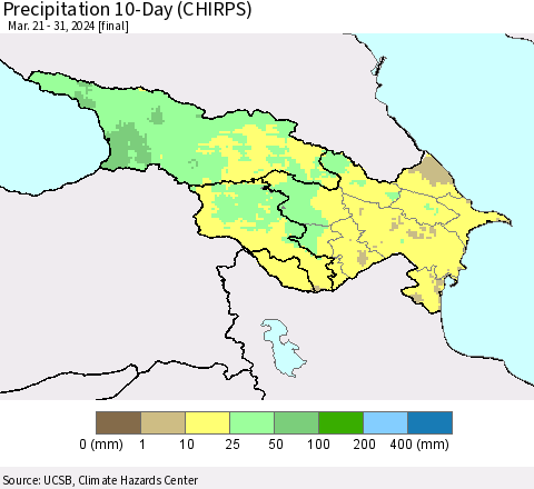 Azerbaijan, Armenia and Georgia Precipitation 10-Day (CHIRPS) Thematic Map For 3/21/2024 - 3/31/2024