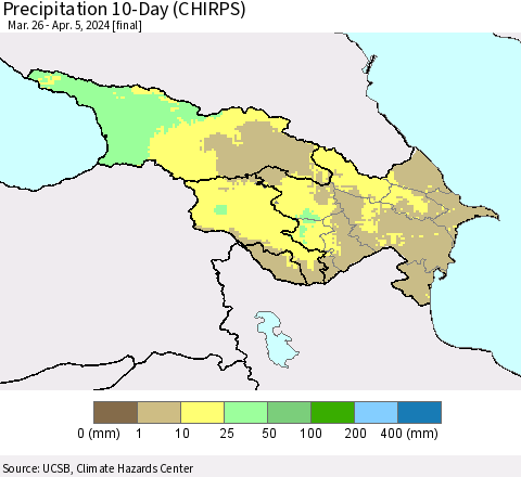 Azerbaijan, Armenia and Georgia Precipitation 10-Day (CHIRPS) Thematic Map For 3/26/2024 - 4/5/2024