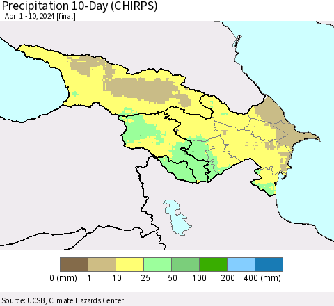 Azerbaijan, Armenia and Georgia Precipitation 10-Day (CHIRPS) Thematic Map For 4/1/2024 - 4/10/2024