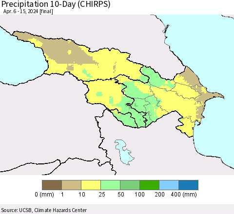 Azerbaijan, Armenia and Georgia Precipitation 10-Day (CHIRPS) Thematic Map For 4/6/2024 - 4/15/2024