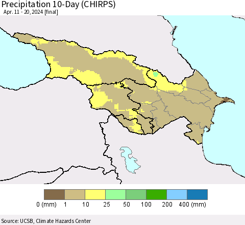 Azerbaijan, Armenia and Georgia Precipitation 10-Day (CHIRPS) Thematic Map For 4/11/2024 - 4/20/2024