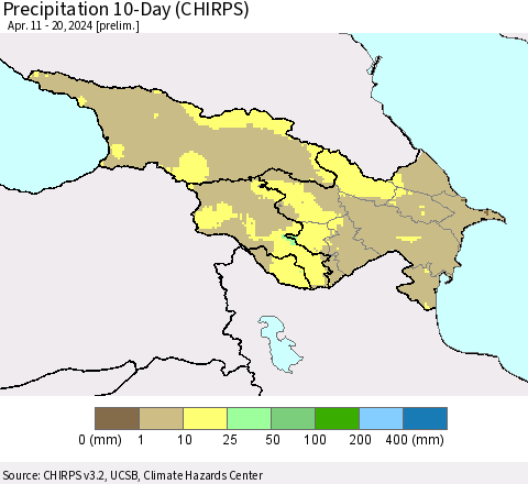 Azerbaijan, Armenia and Georgia Precipitation 10-Day (CHIRPS) Thematic Map For 4/11/2024 - 4/20/2024