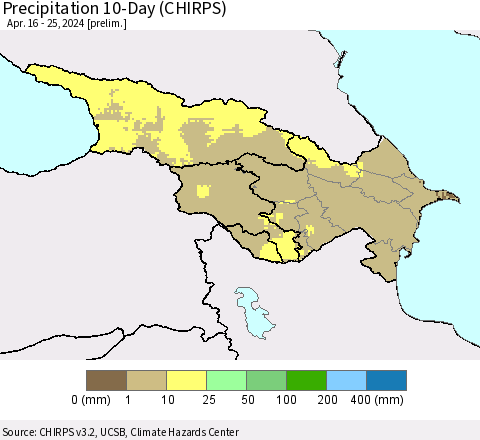 Azerbaijan, Armenia and Georgia Precipitation 10-Day (CHIRPS) Thematic Map For 4/16/2024 - 4/25/2024