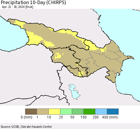 Azerbaijan, Armenia and Georgia Precipitation 10-Day (CHIRPS) Thematic Map For 4/21/2024 - 4/30/2024
