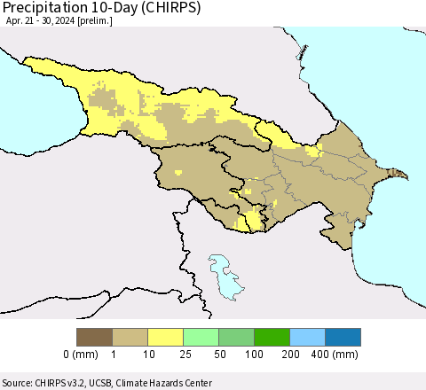 Azerbaijan, Armenia and Georgia Precipitation 10-Day (CHIRPS) Thematic Map For 4/21/2024 - 4/30/2024