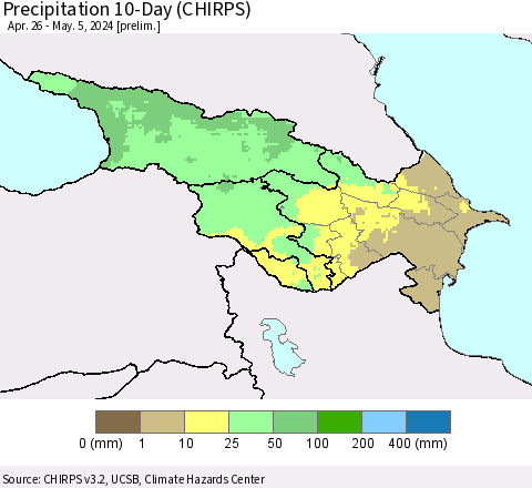 Azerbaijan, Armenia and Georgia Precipitation 10-Day (CHIRPS) Thematic Map For 4/26/2024 - 5/5/2024