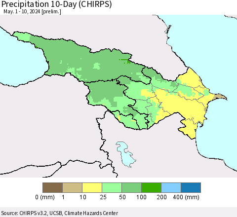 Azerbaijan, Armenia and Georgia Precipitation 10-Day (CHIRPS) Thematic Map For 5/1/2024 - 5/10/2024