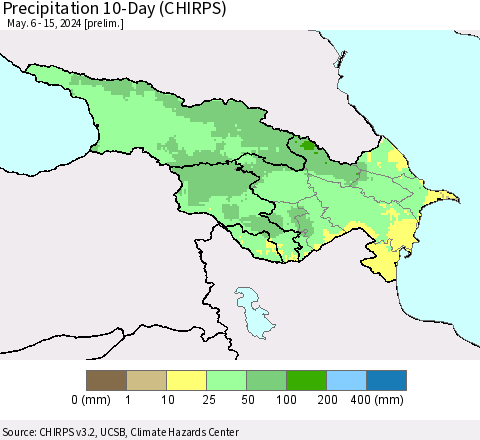 Azerbaijan, Armenia and Georgia Precipitation 10-Day (CHIRPS) Thematic Map For 5/6/2024 - 5/15/2024