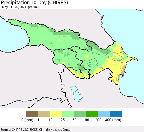Azerbaijan, Armenia and Georgia Precipitation 10-Day (CHIRPS) Thematic Map For 5/11/2024 - 5/20/2024