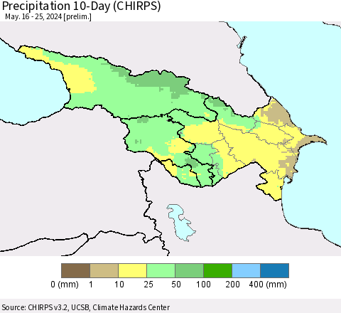 Azerbaijan, Armenia and Georgia Precipitation 10-Day (CHIRPS) Thematic Map For 5/16/2024 - 5/25/2024