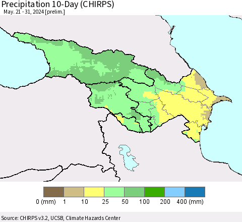 Azerbaijan, Armenia and Georgia Precipitation 10-Day (CHIRPS) Thematic Map For 5/21/2024 - 5/31/2024