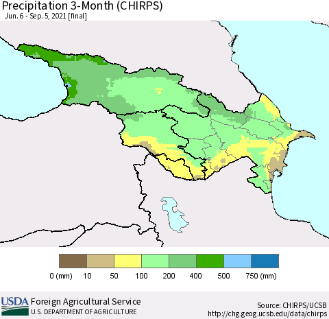 Azerbaijan, Armenia and Georgia Precipitation 3-Month (CHIRPS) Thematic Map For 6/6/2021 - 9/5/2021